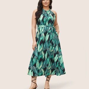 Size 22/24 bloomchic Tropical Print Knotted Pocket Ruffles Belted Halter Dress